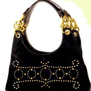 Black Sueded Shoulder Bag, Studded Front